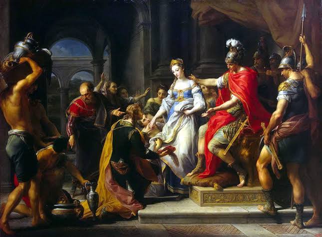 Cleopatra shows Octavian the bust of Caesar (1755). Pompeo Girolamo Batoni (1708–1787). Musée des Beaux-Arts de Dijon, France.